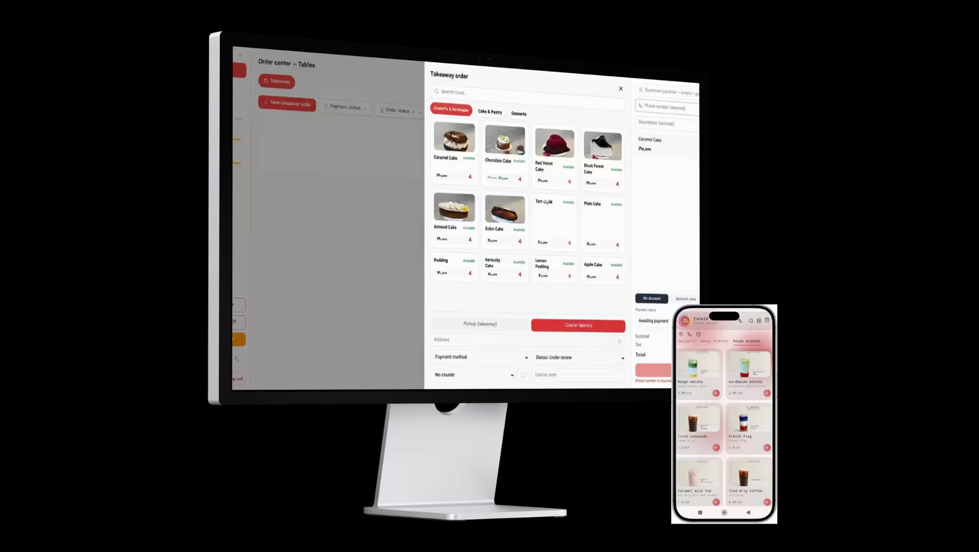 Rhino point-of-sale dashboard on a desktop monitor with the digital menu on a phone