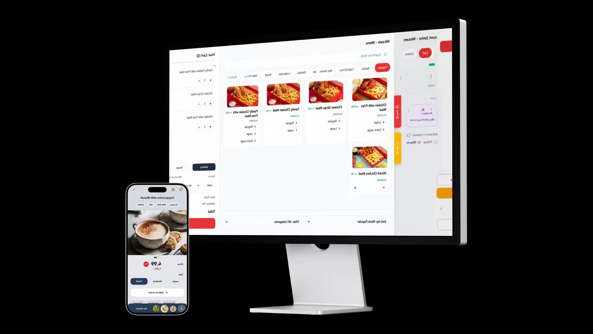 Rhino point-of-sale dashboard on a desktop monitor with the digital menu on a phone