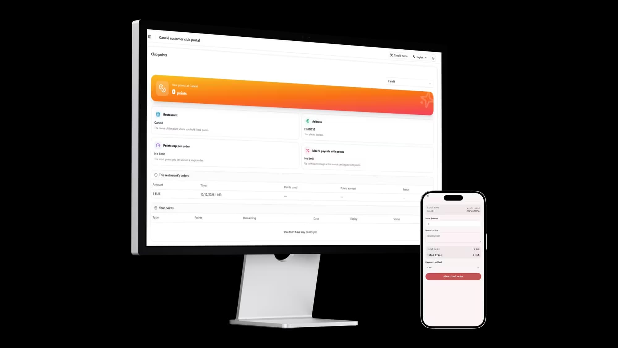 Rhino point-of-sale dashboard on a desktop monitor with the digital menu on a phone