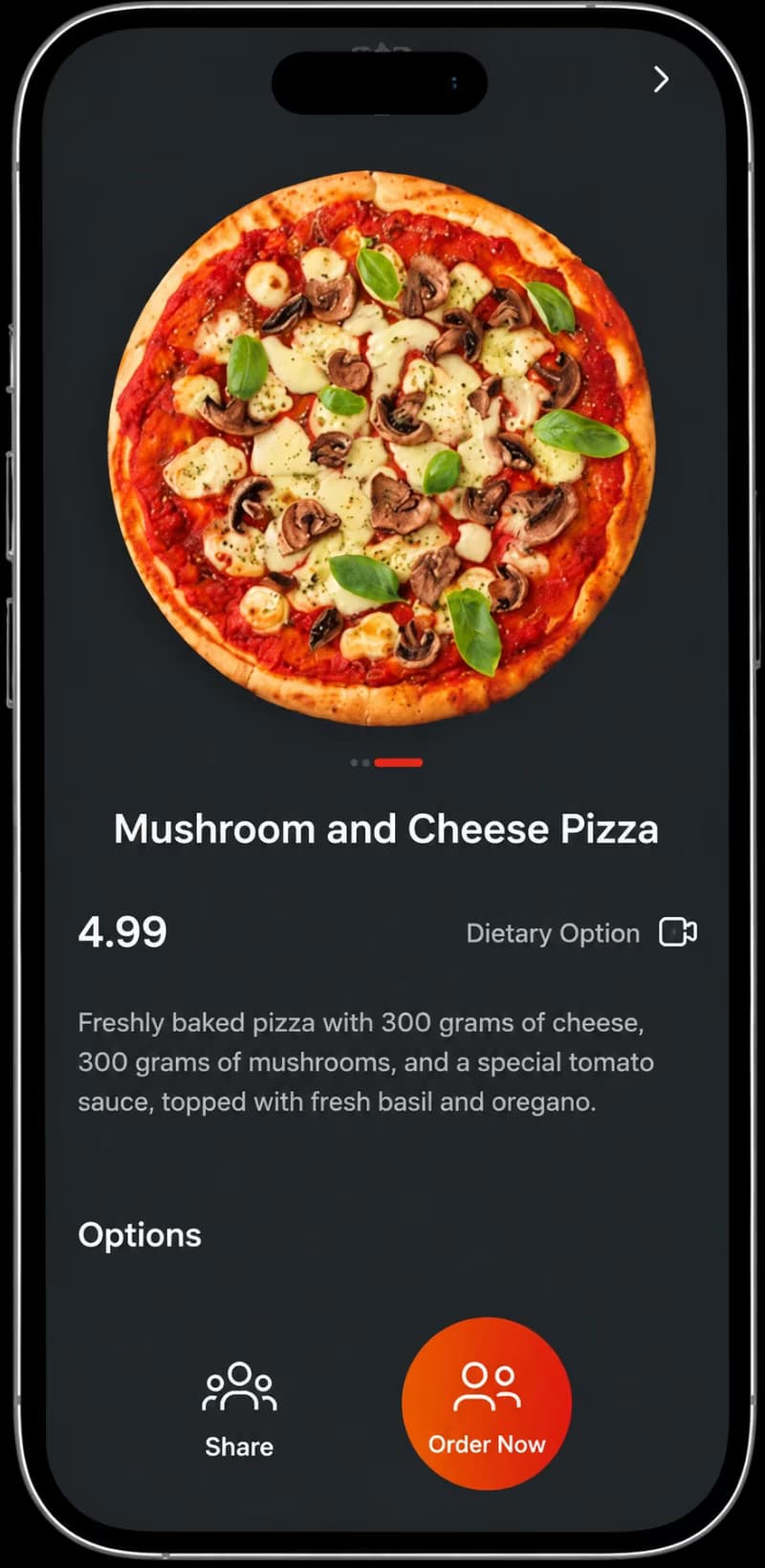 RhinoMenu digital menu on a phone showing a mushroom and cheese pizza