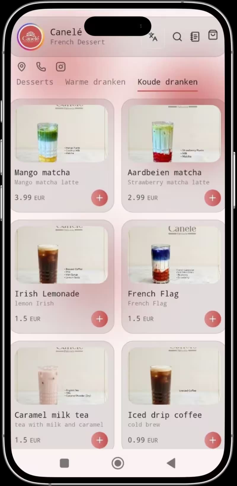 Café menu on a phone: cold drinks with prices and add buttons