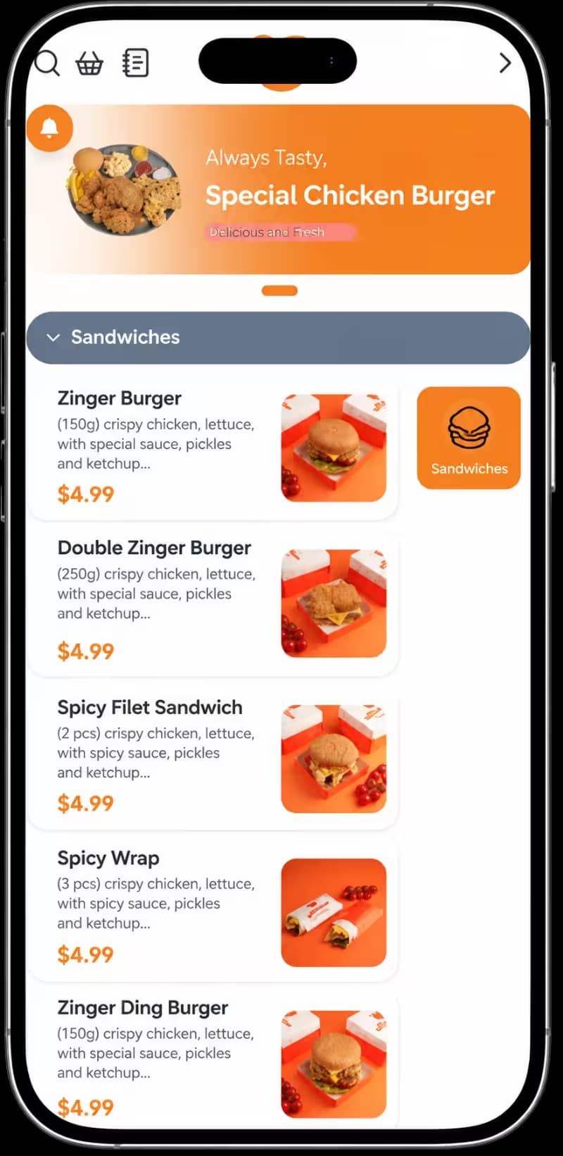 Fast-food menu on a phone: a special chicken burger offer and a sandwich list with prices